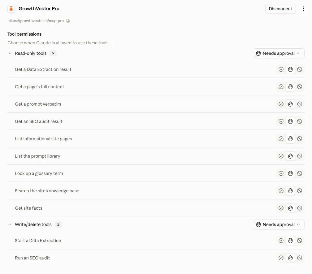 The connected GrowthVector Pro connector in Claude, with 9 read-only tools and 2 tools that start work